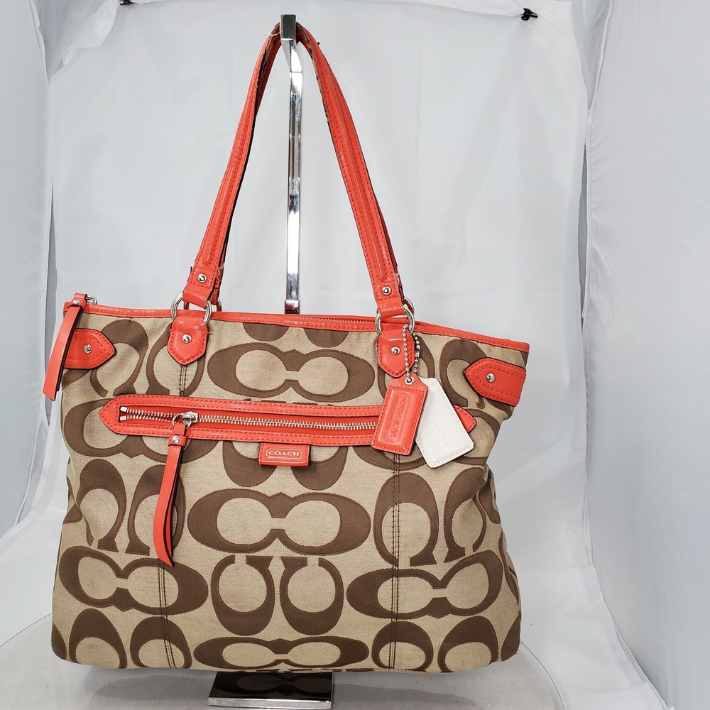 Worn Coach F24066 Daisy Outline Signature Emma Large Tote Bag Orange Pat Leather